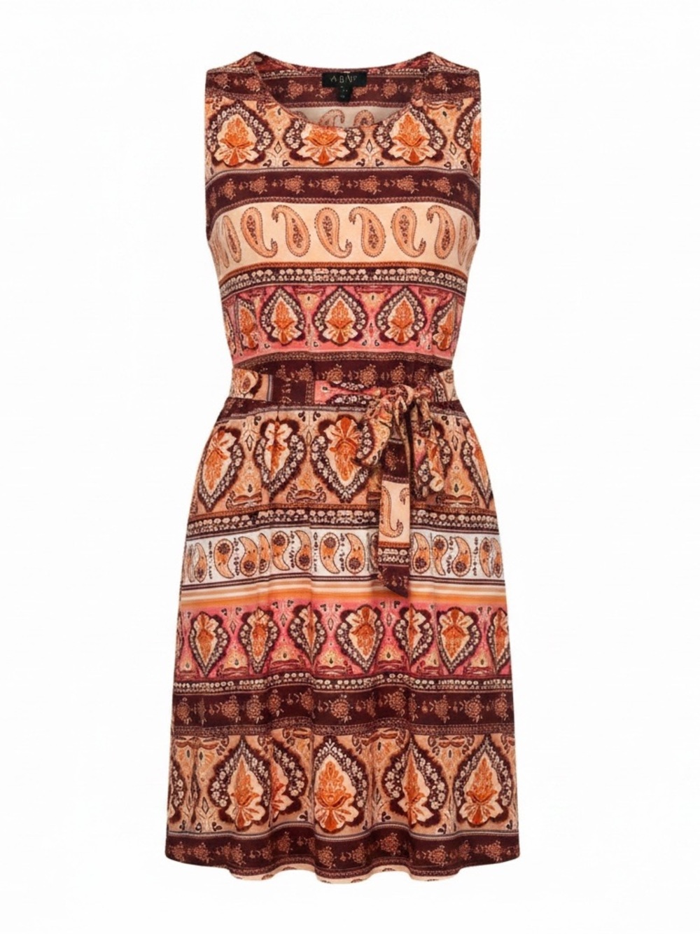 AUW women’s Multicolor Boho Print Dress - Pink, Orange, Brown, Cream